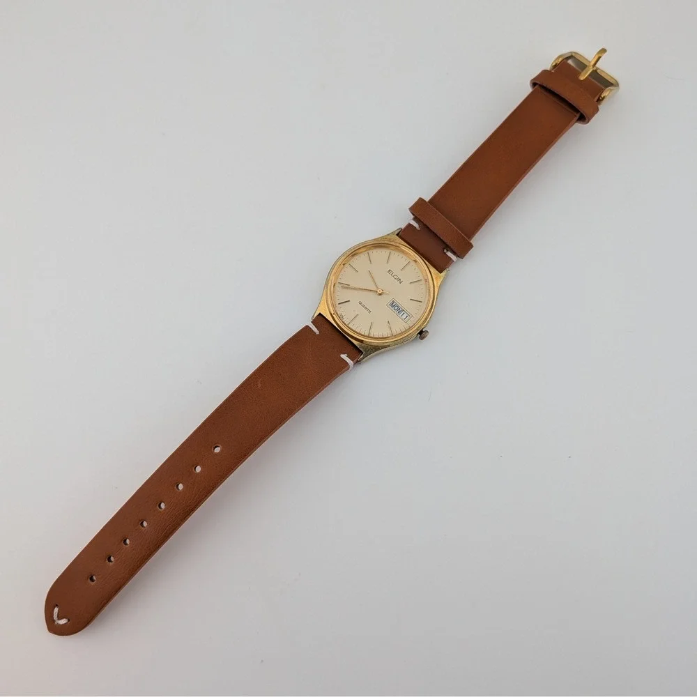 Elgin Vintage‎ Quartz Day Date Gold Tone Minimalist Dress Watch 34mm